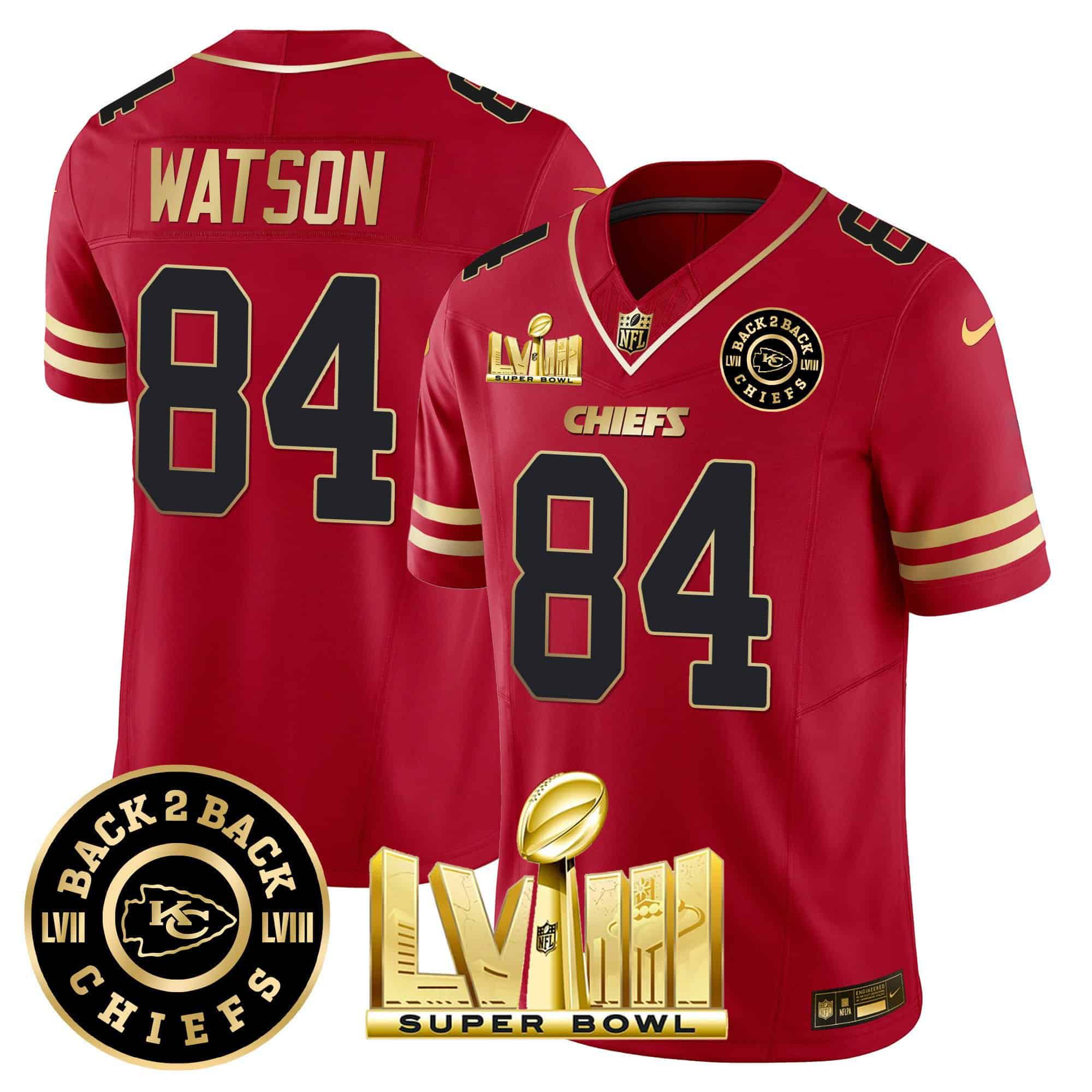 Men Kansas City Chiefs #84 Watson Red 2024 Nike Super Bowl LVIII & Back-2-Back Patch Vapor NFL Jersey style 1